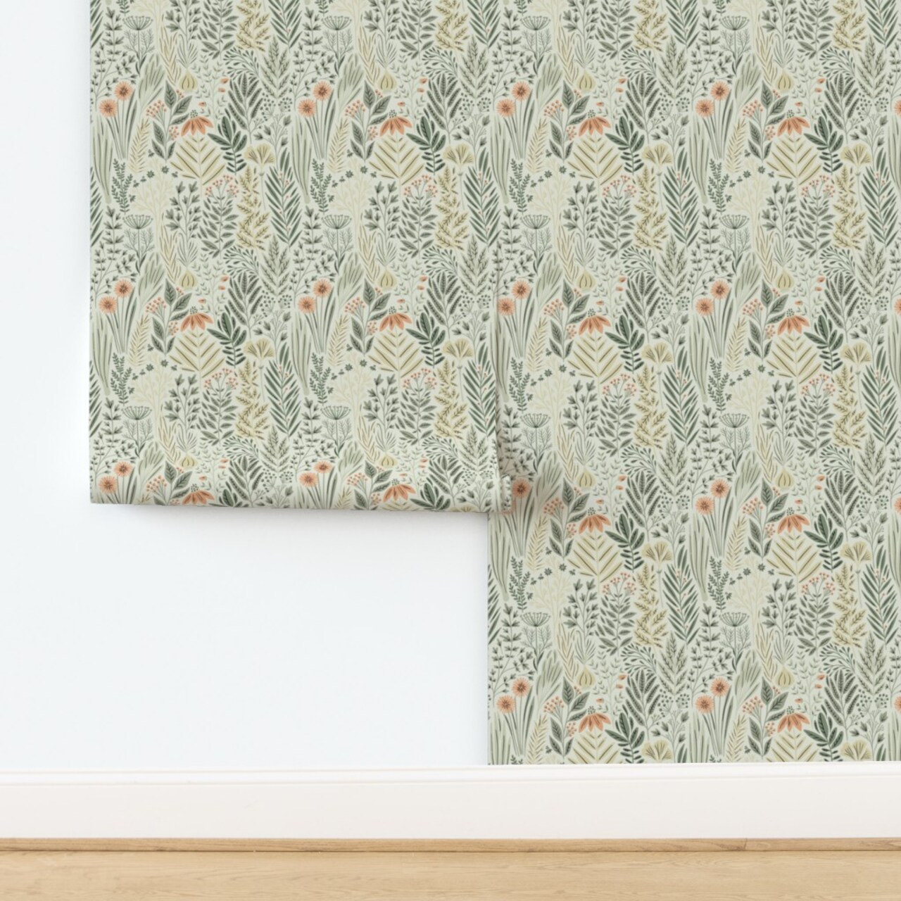 Neutral Floral Green Beige Botanical Leaves Plant Marjoram Herb Custom Pre-pasted Wallpaper by Spoonflower Pre-Pasted Wallpaper 2FT Wide